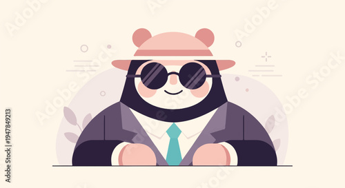 Stylized panda wearing a hat, suit, and sunglasses, seated behind a surface