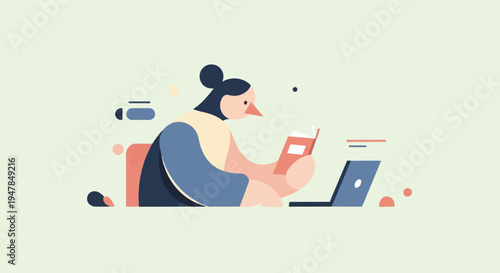 Stylized figure with book and laptop on light green background