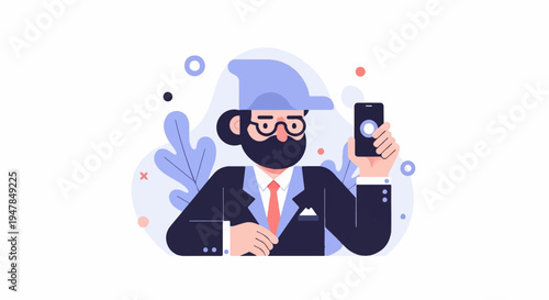Stylized man in suit and hat taking a selfie with phone
