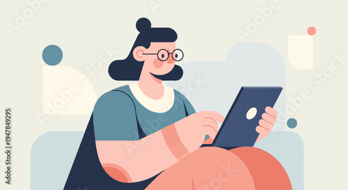Stylized illustration of a woman with glasses looking at a tablet