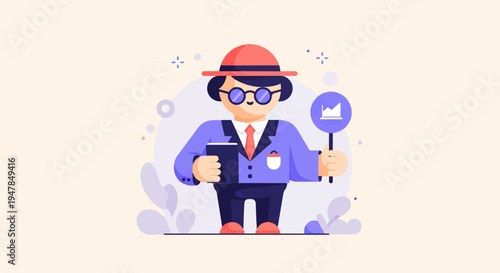 Stylized individual in suit holding a book and chart stick