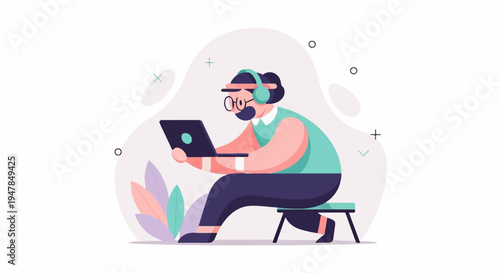 Stylized figure with headphones and laptop works remotely from a stool