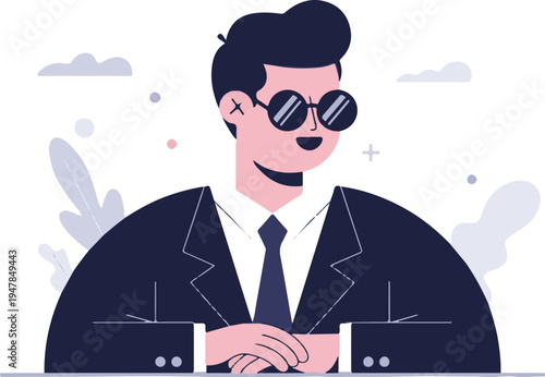 Stylized man in suit and sunglasses, looking forward, with abstract clouds