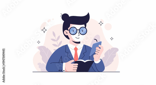 Stylized individual in suit with glasses, reading a book and phone