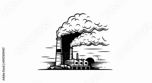 Stylized industrial smokestacks releasing thick plumes of smoke against a hazy sky