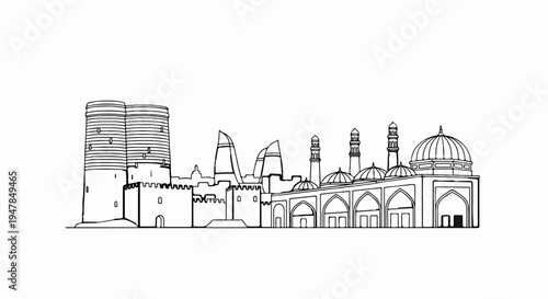 Stylized ink drawing of a city skyline with towers and domes