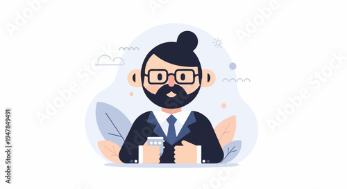 Stylized man in suit and tie with beard and glasses holding cup