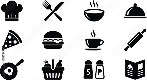 Set of 12 black silhouette food and restaurant vector icons including chef hat, cutlery, hot soup, pizza, burger, coffee, and cooking tools for menu design and web use