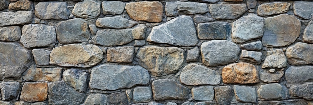 Fototapeta premium weathered stone wall of irregular blue-gray and tan rocks set in mortar with rough textured surface conveying a sturdy rustic timeless feel