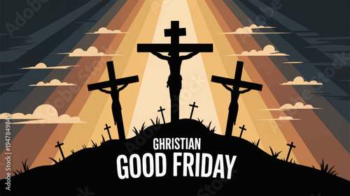 Christian good friday crucifixion scene with crosses on hill and heavenly light