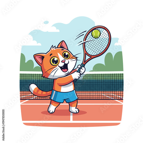 Cute Cartoon Cat Playing Tennis on Court Illustration