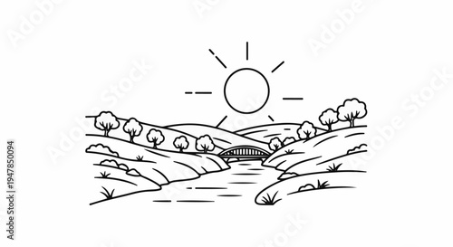 Stylized line art landscape with sun, hills, trees, bridge, and river