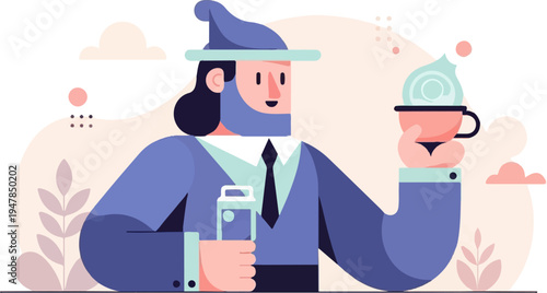 Stylized man in suit holding coffee cup and a beverage