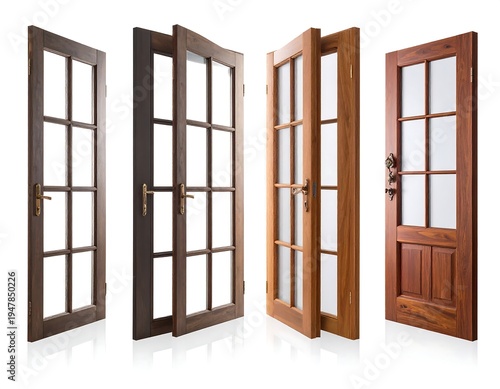 Four wood-framed glass paneled doors are presented in various degrees of openness against a bright, white background