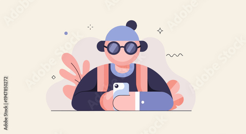 Stylized character with sunglasses and phone, framed by abstract shapes