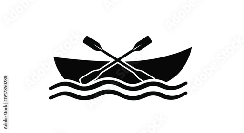 Black silhouette of a canoe with crossed oars on water