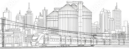 Stylized line art of a modern train moving through a city with silos