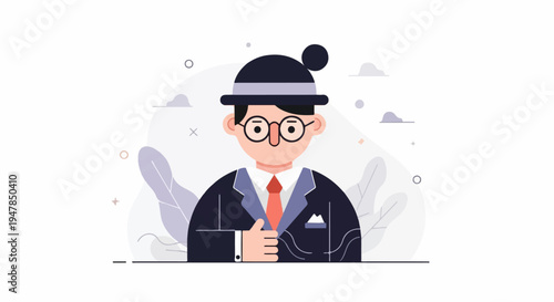 Stylized flat illustration of a person in a suit and hat