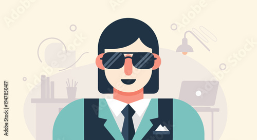 Stylized flat illustration of a person in a suit and sunglasses at a desk