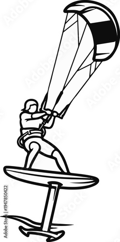 Stylized line art of a person kiteboarding on a hydrofoil