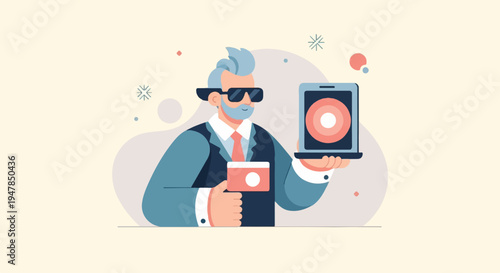 Stylized man in suit, sunglasses, holding phone and cup with circles