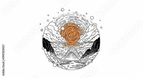 Stylized circular landscape with fiery sun, mountains, clouds, and water