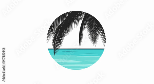 Stylized circular image of palm fronds over blue ocean water