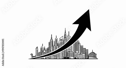 Stylized city skyline with a rising black arrow indicating growth