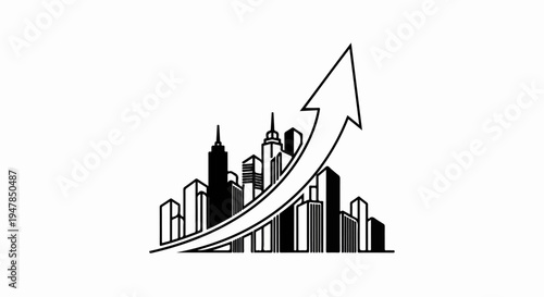 Stylized cityscape with an upward-trending arrow