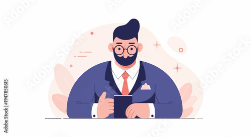 Stylized man in suit with glasses and beard holds a tablet, giving a thumbs-up