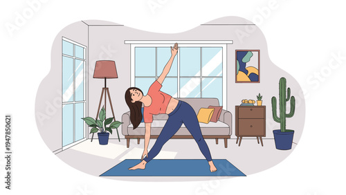 Healthy woman practices triangle yoga pose on blue mat in cozy modern living room with large windows, indoor plants, and stylish furniture.