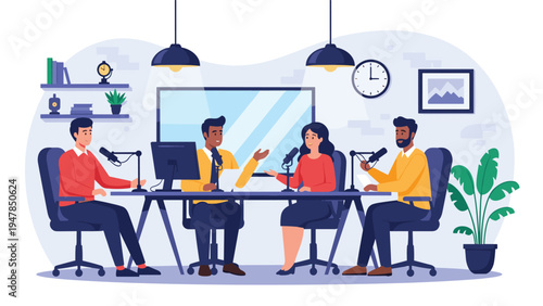 Diverse group of people recording podcast or hosting radio talk show in professional studio with microphones, monitors, and modern decor.