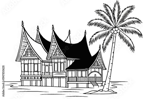 Stylized depiction of stilted traditional houses with ornate roofs and a palm tree