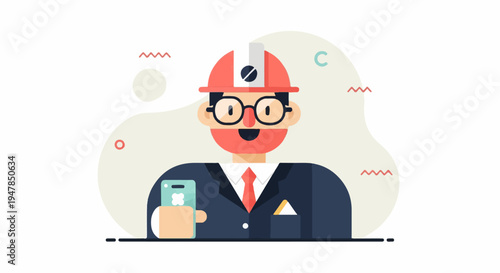 Stylized construction worker in hard hat, suit, and glasses holds phone