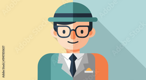 Stylized flat illustration of a person wearing a hat and glasses