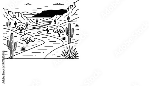 Stylized desert landscape with cacti, trees, and winding road