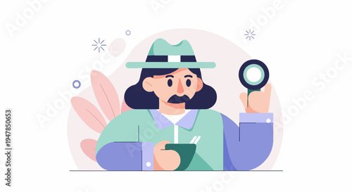 Stylized detective with mustache, hat, holding magnifying glass and bowl