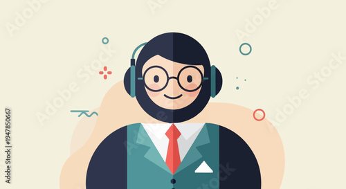 Stylized digital avatar with glasses and headset, wearing formal attire