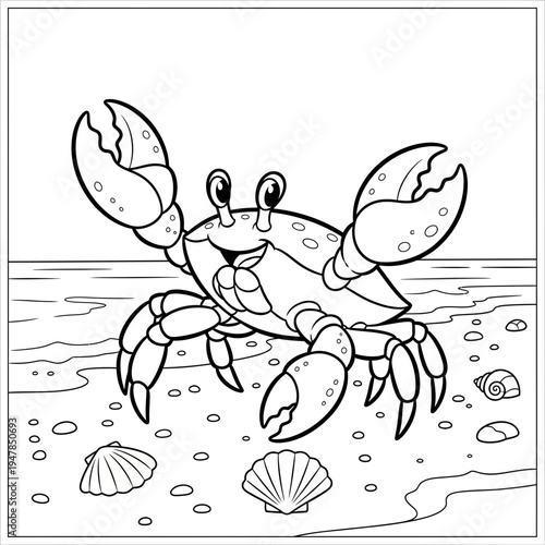 A cartoon crab on the beach with seashells