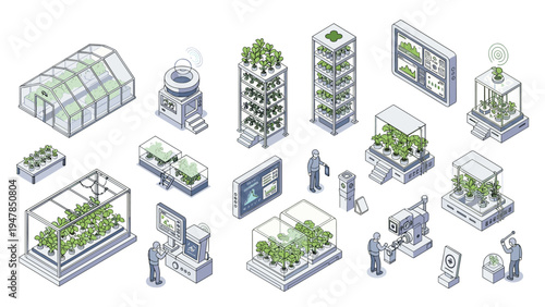 Innovative isometric smart farming and laboratory system featuring vertical gardens, automated greenhouses, and scientists monitoring plant growth digitally.