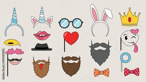 Fun collection of colorful photo booth props including masks, hats, glasses, mustaches, beards, and animal ears for parties and events.