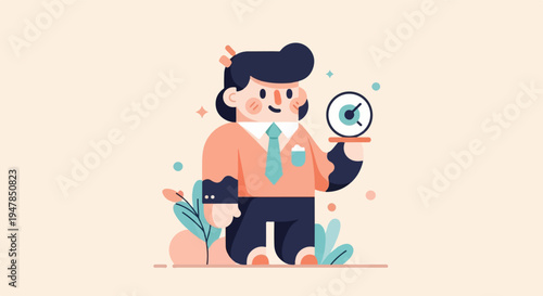 Stylized person in business attire presents a clock on a tray