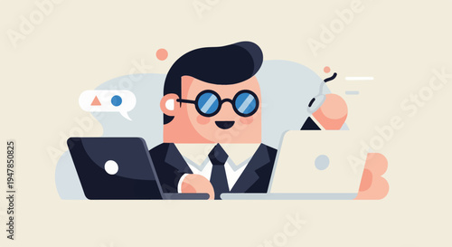 Stylized flat illustration of a person working on two laptops