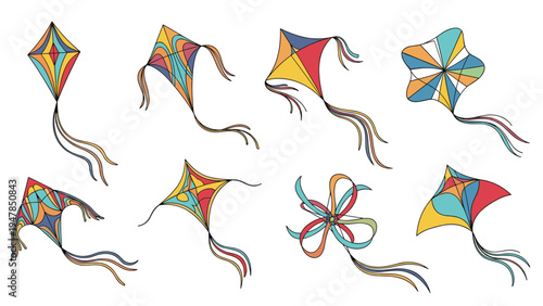 Beautiful collection of colorful kites in various shapes and patterns flying with long flowing tails against a plain white background.