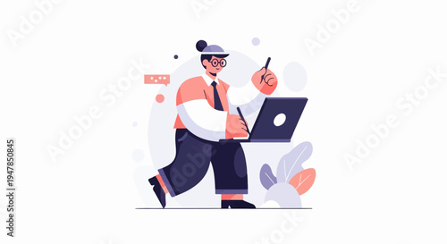 Stylized person in business attire using a laptop and stylus, with abstract elements
