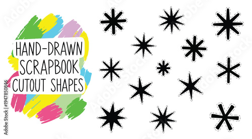 Handdrawn scrapbook cutout shapes, including stars and colorful background elements, isolated on white background