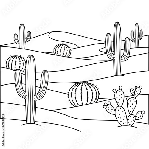 A desert landscape with several cacti and a fence
