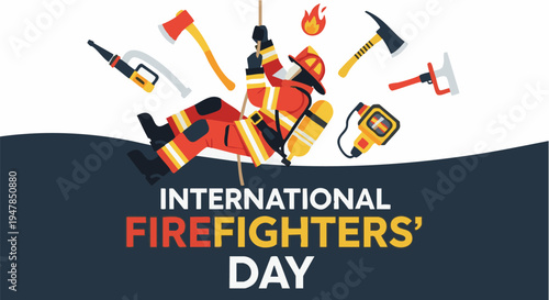 Firefighter equipment and tools on International Firefighters Day in bold colorful illustration for emergency services