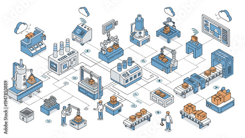Complex isometric automated factory floor showing robotic arms, conveyor belts, and smart logistics systems managed through cloud technology.