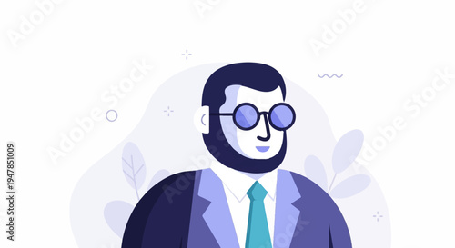 Stylized, flat illustration of a smiling man in a suit and tie